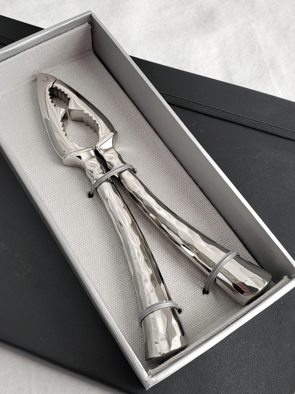 Rare Crate & Barrel Polished Silver Hammered Seafood Nut Cracker Mod Elegant NEW